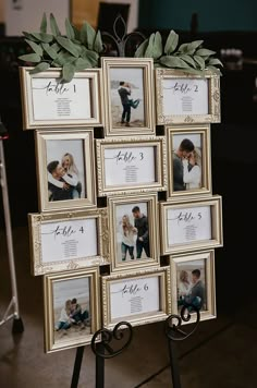 a wedding photo display with pictures and greenery on the top, in front of an easel