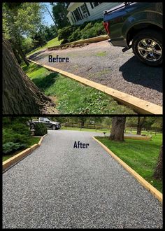 before and after photos of a paved driveway