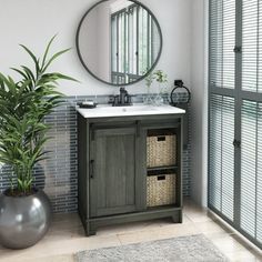 a bathroom with a sink, mirror and plants