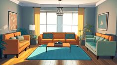 a living room filled with furniture and a blue rug