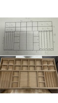 an open box with compartments and measurements for the bottom, top and bottom sections are shown