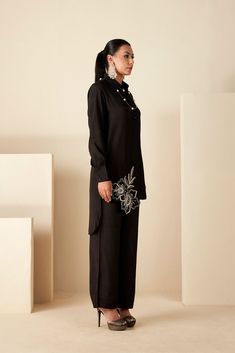 Midnight Flori Coord Set. This black crepe silk duo boasts a timeless silhouette enhanced with intricate floral handwork, offering a seamless blend of elegance and artistry. The relaxed fit ensures comfort without compromising on style, making it perfect for a variety of formal occasions. Floral Cutwork, High Low Shirt, Cutwork Embroidery, Coord Set, Fashion App, Cut Work, Pant Set, Shirt And Pants, Embroidered Silk