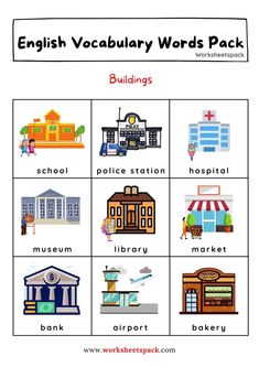 the english word worksheet includes pictures of buildings, shops and other things to learn