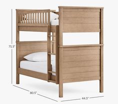 a wooden bunk bed with white sheets and pillows