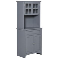 a gray cabinet with doors and drawers on the bottom shelf, against a white background