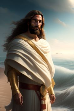 a painting of jesus standing in front of the ocean with his hands on his hips