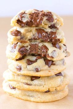 chocolate chip cookies stacked on top of each other