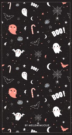 a black background with white and pink halloween items on it, including bats, ghostes, stars, and the words boo