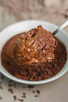 a spoonful of chocolate ice cream in a bowl