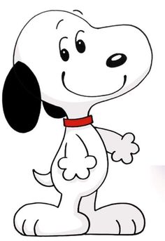 a cartoon dog with a red collar and black ears sitting on the ground next to a white background