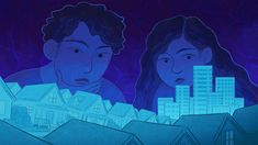 two people looking at each other in front of a cityscape with blue lights