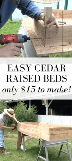 a man using a power drill to install cedar raised beds