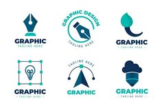 the logos for graphic design are designed in blue and green colors, with an arrow on top