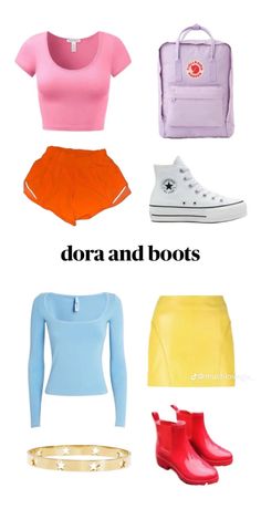 four different types of clothes and shoes with the words dora and boots