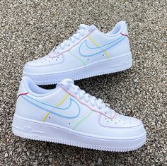 Rainbow Outline, Custom Nike Air Force 1, All White Sneakers, Custom Nike Air Force, Preppy Shoes, All Nike Shoes, Custom Nike, Air Forces, Cute Nike Shoes