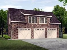 a three car garage with two windows on the side