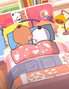 a bed with two teddy bears on it in a cartoon style, next to a bookshelf