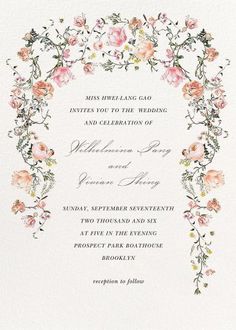 an ornate wedding card with flowers and vines on the front, in pinks and oranges