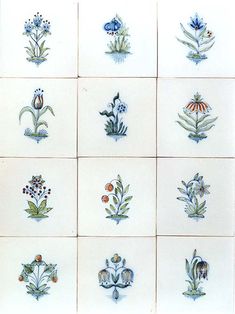 nine tiles with different flowers and leaves painted on them