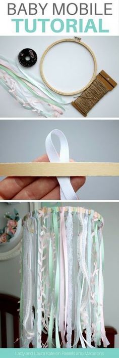 the instructions for how to make a baby mobile with ribbons and ribbon trimmings