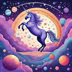 a painting of a unicorn flying through the sky with planets in the background and stars all around it