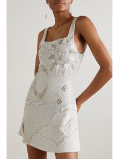 CLIO PEPPIATT Lucina embellished stretch-mesh mini dress | NET-A-PORTER Beaded Mini Dress White, Short White Beaded Dress, Champagne Graduation Dress, White Sparkly Mini Dress, Cleo Peppiatt Dress, Little White Dress Bridal, White Bridal Outfits, Vintage White Mini Dress, Unique Reception Dress