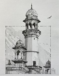 an ink drawing of a lighthouse on top of a building