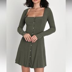 Chic And Versatile Olive Green Long Sleeve Mini Dress, Perfect For Any Occasion Featuring A Flattering Silhouette And Classic Button Detailing, This Dress Adds A Touch Of Sophistication To Your Wardrobe Size Small, Never Worn, And Ready To Elevate Your Style Game Pair It With Your Favorite Accessories For A Trendy Look That's Effortlessly Chic. Don't Miss Out On This Wardrobe Essential Cheap Cotton Button-up Dresses, Winter Dress Outfit Dressy, Long Winter Dresses, Lulus Dress, Dresses Lulus, Long Sleeve Ruffle Dress, Outfits Dressy, Dress With Stockings, Olive Green Dresses