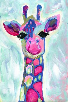 a painting of a giraffe with pink, blue and green spots on it's face