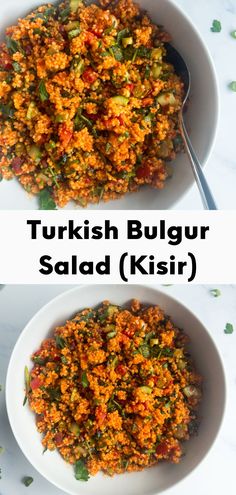 two bowls filled with food and the words turkish bulgur salad kisir