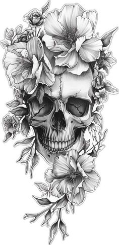 a skull with flowers on it's head is shown in this tattoo art design