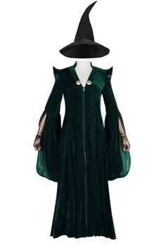 a green dress with a black witches hat on it's head and long sleeves