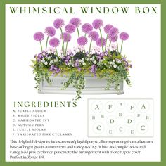 an advertisement for a window box with purple flowers and greenery in it's center