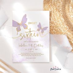 the sweet sixteen birthday party is set up with gold foil and purple butterflies on it