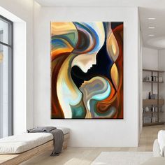 an abstract painting on the wall in a living room