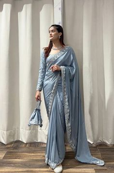 Beautiful Saree Designs, Saree Blouse Long Sleeve Design, Grey Saree Blouse Designs, Saree Blouse For Farewell, Blouse For Fancy Saree, Long Blouse Designs For Saree, Beautiful Sarees Classy