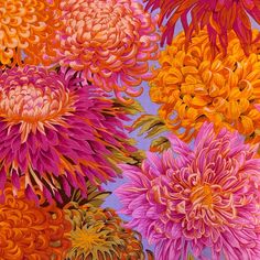 an image of colorful flowers that are in the air on a blue background with orange and pink colors