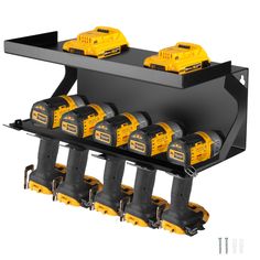 a black and yellow tool rack with six drillers on it's sides, one is filled with batteries