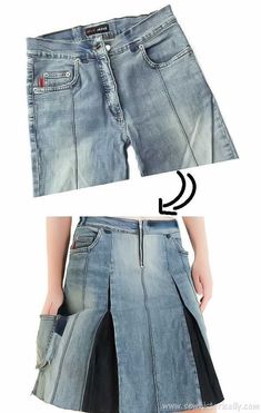 a woman's jean skirt is shown in two different ways