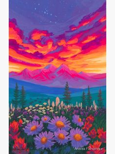 a painting of colorful flowers and mountains in the distance with stars above them at sunset