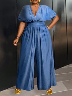 Plus Size Vacation  Imitation Denim Fitted Waist Summer Wide Leg Long Jumpsuit Blue Casual  Short Sleeve Denim Plain Other Non-Stretch  Women Plus Clothing, size features are:Bust: ,Length: ,Sleeve Length: Denim Blue V-neck Jumpsuits And Rompers, Denim Blue V-neck Jumpsuits And Rompers For Summer, Denim Blue V-neck Jumpsuit For Summer, Summer Denim Blue V-neck Jumpsuit, Chic Blue V-neck Denim Jumpsuit, Casual Blue Denim Jumpsuit V-neck, Casual Blue Denim Jumpsuit With V-neck, Blue Non-stretch Solid Color Jumpsuits And Rompers, Blue High Waist Solid Jumpsuits And Rompers