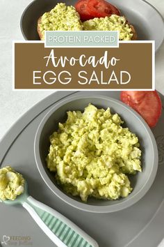 avocado egg salad in a bowl with strawberries on the side and text overlay that reads, protein packed avocado egg salad