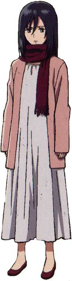 an anime character with long black hair wearing a pink coat and scarf