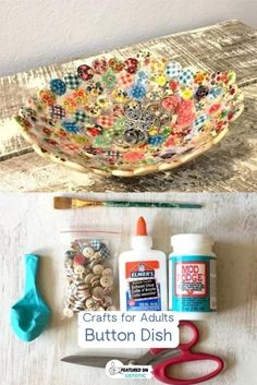 some crafting supplies are laying out on the table next to a bowl and scissors