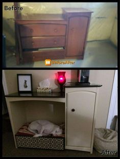 before and after photos of a dog sleeping in his bed on the floor next to a dresser