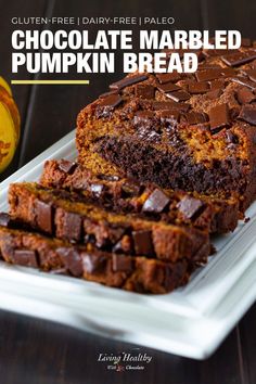 chocolate marbled pumpkin bread on a white plate