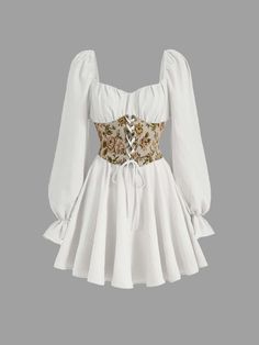 White Boho Collar Long Sleeve Woven Fabric Floral A Line Embellished Slight Stretch  Women Clothing Lace Up Corset Dress, Corset Over Dress, Dress With Corset, Lace Up Corset, Shein Dress, Simple Trendy Outfits, Flounce Sleeve, Mode Inspo