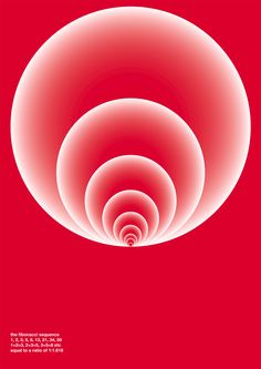 an abstract red and white poster with circles in the center on a dark red background