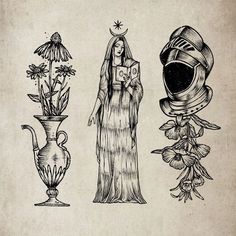 three vases with flowers and an image of a woman in a dress standing next to each other