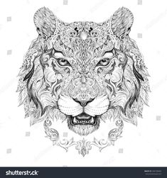 the head of a tiger with decorative patterns on it's face, drawn in black and